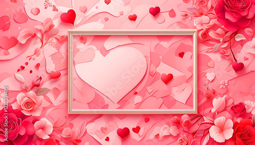 A heart-shaped and circular patterns in shades of pink and red, arranged symmetrically on both sides of the frame photo