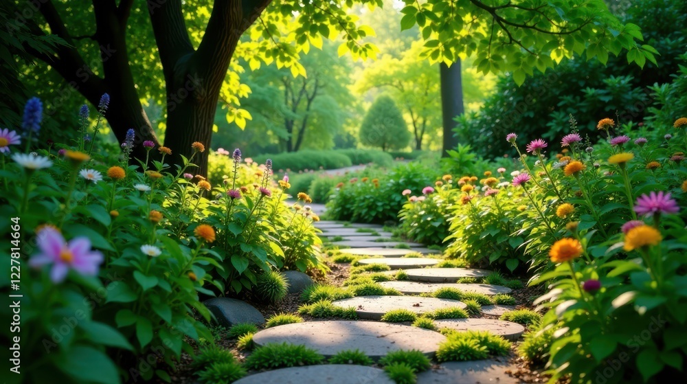 Serene Garden Path A Tranquil Stroll Through Blooming Flowers and Lush Greenery on a Sunny Day Serene Garden Path A Tranquil Stroll Through Blooming Flowers and Lush Greenery on a Sunny Day