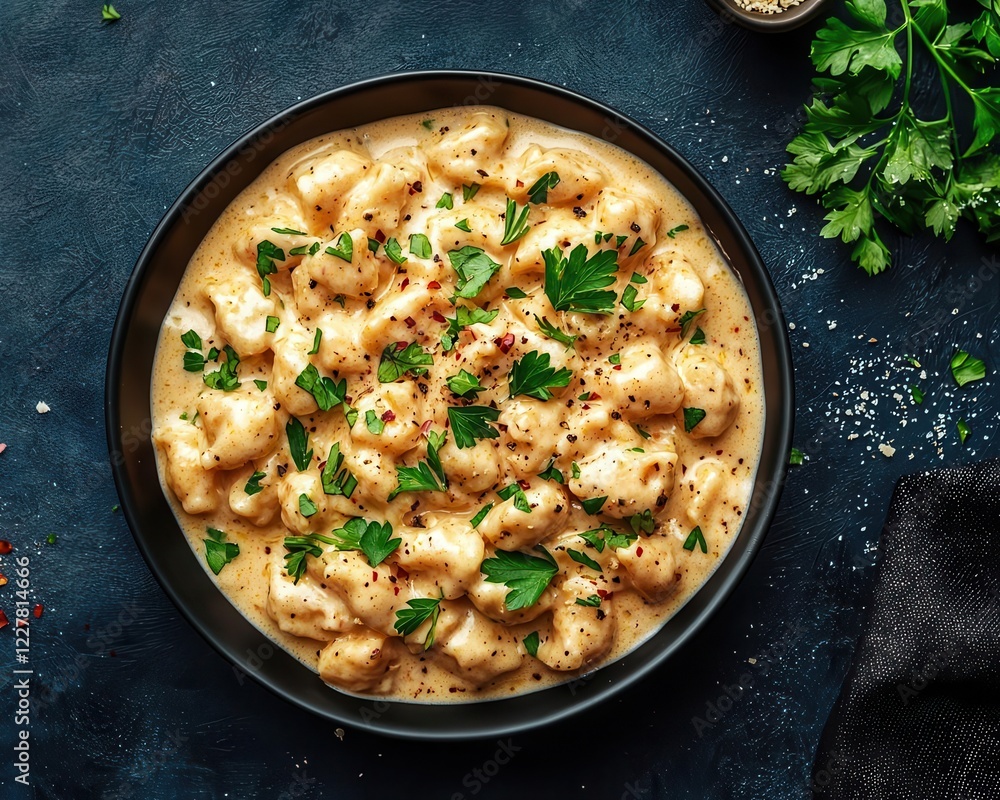 A creamy vegan Alfredo pasta dish garnished with fresh parsley and vegan Parmesan A creamy vegan Alfredo pasta dish garnished with fresh parsley and vegan Parmesan
