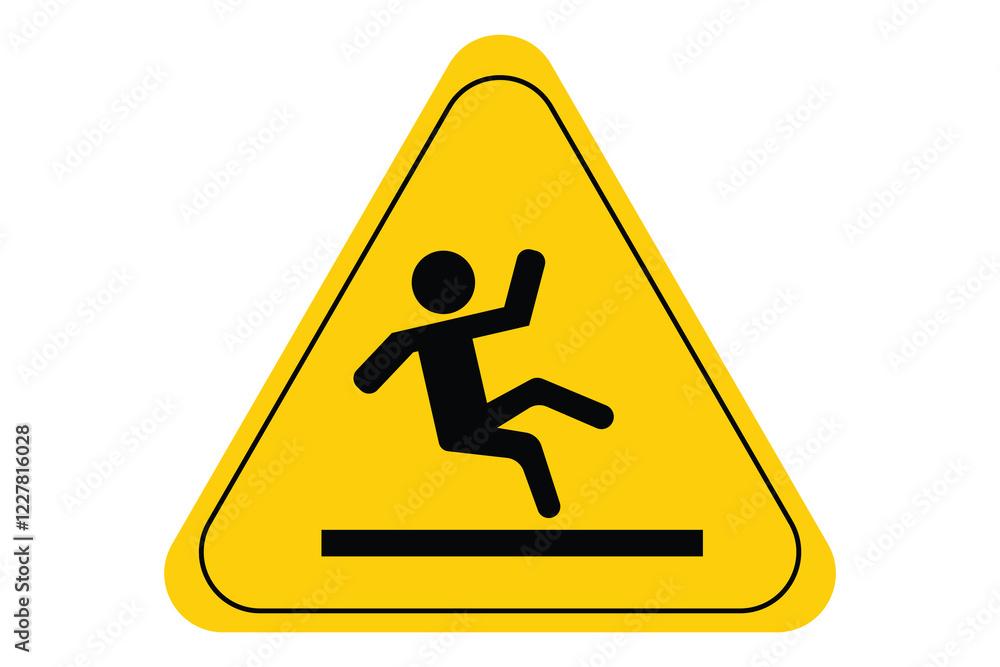 Yellow caution sign, slippery surface warning, stick figure falling, triangular shape, black silhouette, red bold text, safety symbol, hazard alert. Yellow caution sign, slippery surface warning, stick figure falling, triangular shape, black silhouette, red bold text, safety symbol, hazard alert.