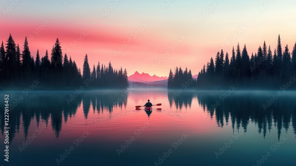 Naklejka premium Misty Morning Canoeing on a Tranquil Lake Surrounded by Silhouetted Trees and Majestic Mountains at Dawn