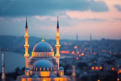 A stunning view of a mosque's dome and minarets against a twilight sky, illuminating the urban landscape with a serene glow. photo