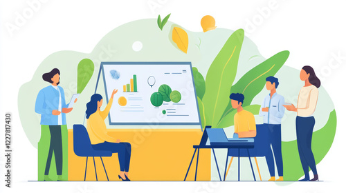 A young entrepreneur in a sustainable business meeting, presenting innovative products made from biodegradable materials, while a group of investors discusses the potential for a greener economy