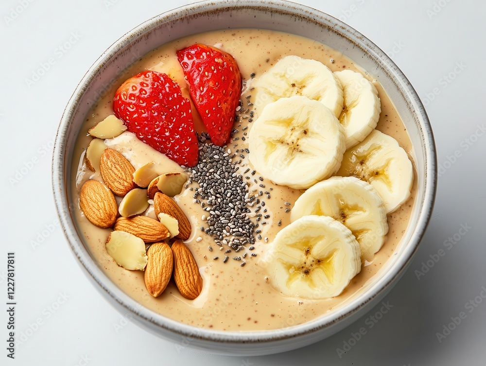 A warm bowl of oats topped with almond butter, banana slices, and a sprinkle of chia seeds A warm bowl of oats topped with almond butter, banana slices, and a sprinkle of chia seeds