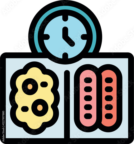 Plastic lunchbox containing sausages and scrambled eggs, with clock showing lunchtime