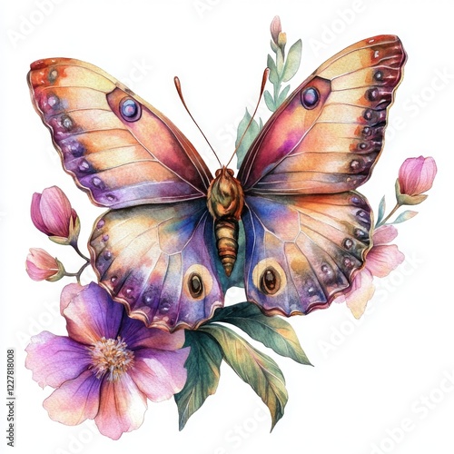 Colorful Butterfly and Pink Flower