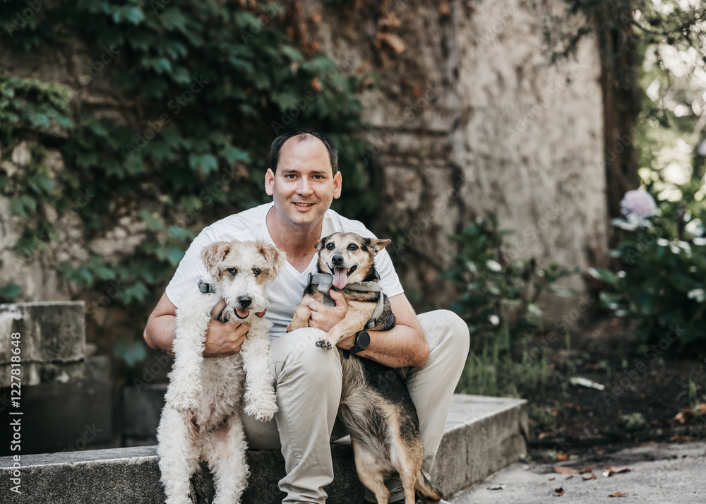 Portrait of a man in a park with his two dogs looking at the camera. Latin man smiles at camera, caring love for his pets. Portrait of a man in a park with his two dogs looking at the camera. Latin man smiles at camera, caring love for his pets.