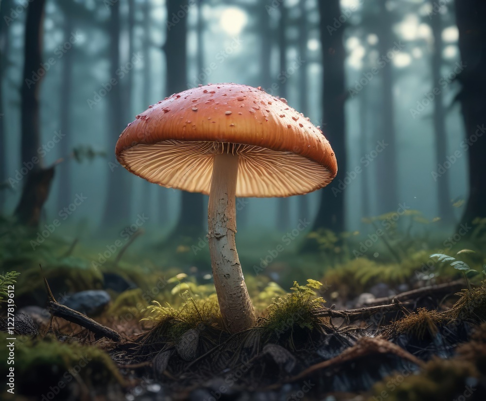 Fototapeta premium Softly glowing luminescent mushroom in a misty forest background with silk texture, natural serenity , eerie quiet