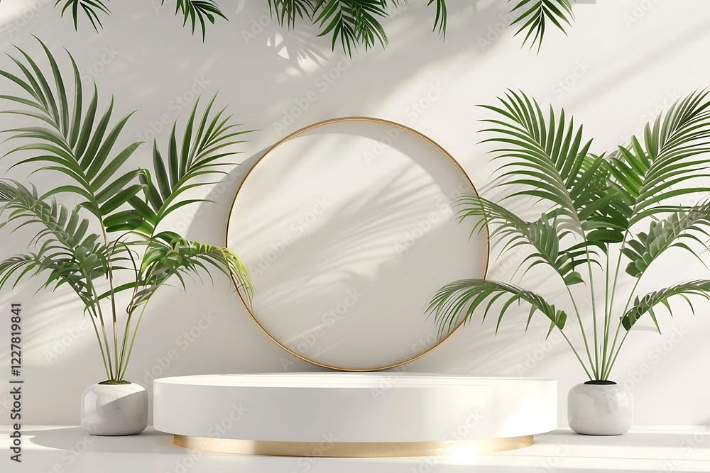 3D rendering of a white podium in a room with tropical plants