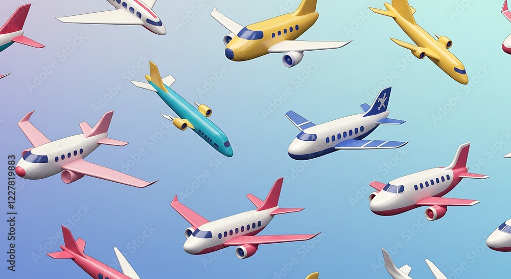 Naklejka premium Trendy and stylish airplane pattern made with 3d illustration on dark background. Minimal travel concept.