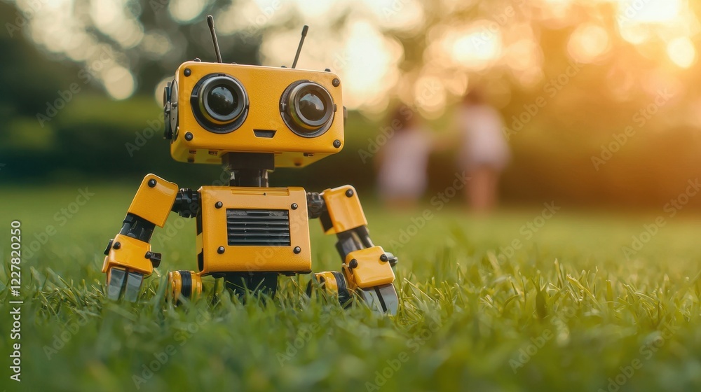 Playful yellow robot toy on lush green grass during a sunny day with children playing in the background Playful yellow robot toy on lush green grass during a sunny day with children playing in the background