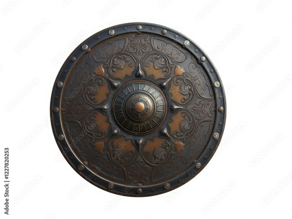 Naklejka premium ancient round iron shield isolated on white background, circular shield, antique metal