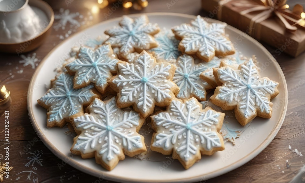 Snowflake-patterned Christmas cookies on a platter, cookies, snowflakes, christmas Snowflake-patterned Christmas cookies on a platter, cookies, snowflakes, christmas