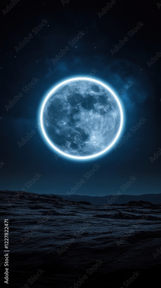 Obraz premium Glowing Moon Over Serene Landscape at Night Sky with Stars
