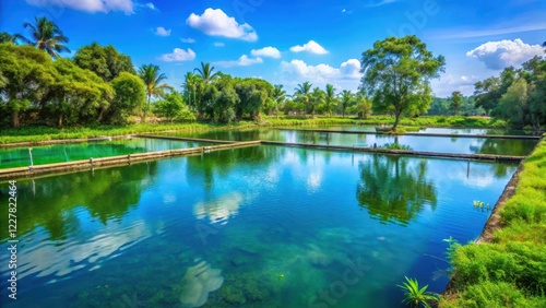 Beautiful farm shrimp pond with clear blue water surrounded by lush greenery and bubbling aerators , natural surroundings, greenery