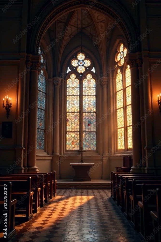 Soft candlelight shines through stained glass windows in a historic church, light, soft Soft candlelight shines through stained glass windows in a historic church, light, soft