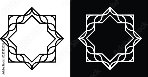 Elegant geometric patterns featuring star motifs and line art, displayed in contrasting black and white themes, showcasing intricate details and symmetrical design artistry, perfect for decorative or 