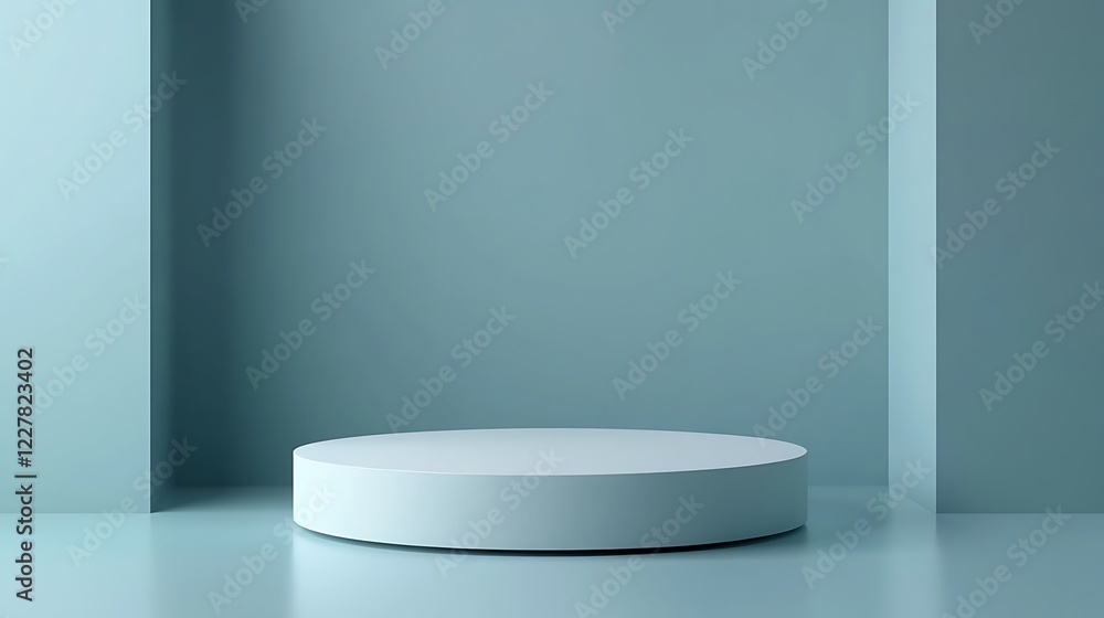 A cylindrical platform sits in a minimalist blue room A cylindrical platform sits in a minimalist blue room