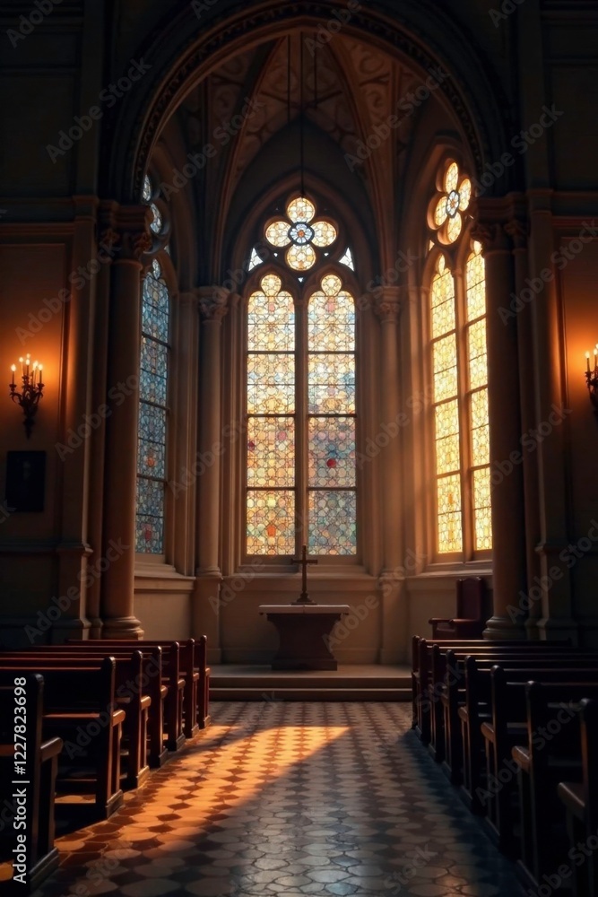 Fototapeta premium Soft candlelight shines through stained glass windows in a historic church, light, soft