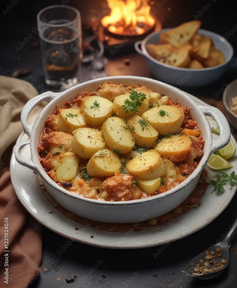 Aromatic steam rising from a dish of bacalao con patatas gratinado , nata, , savory Aromatic steam rising from a dish of bacalao con patatas gratinado , nata, , savory