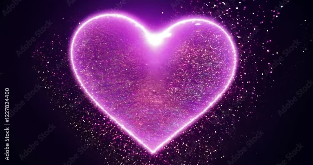 Glowing neon heart with sparkling particles, romantic love symbol in vibrant purple light effect Glowing neon heart with sparkling particles, romantic love symbol in vibrant purple light effect