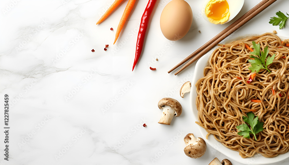 Tasty buckwheat noodles (soba) with chili pepper, egg, carrot, mushrooms and chopsticks on white marble table, closeup Tasty buckwheat noodles (soba) with chili pepper, egg, carrot, mushrooms and chopsticks on white marble table, closeup