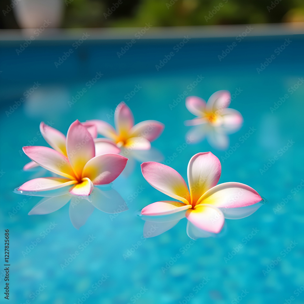 Plumeria flower in water, surrounded landscape blurred out of focus, macro photographic composition that highlights the intricate textures and soft, romantic hues of the blooms. Plumeria flower in water, surrounded landscape blurred out of focus, macro photographic composition that highlights the intricate textures and soft, romantic hues of the blooms.