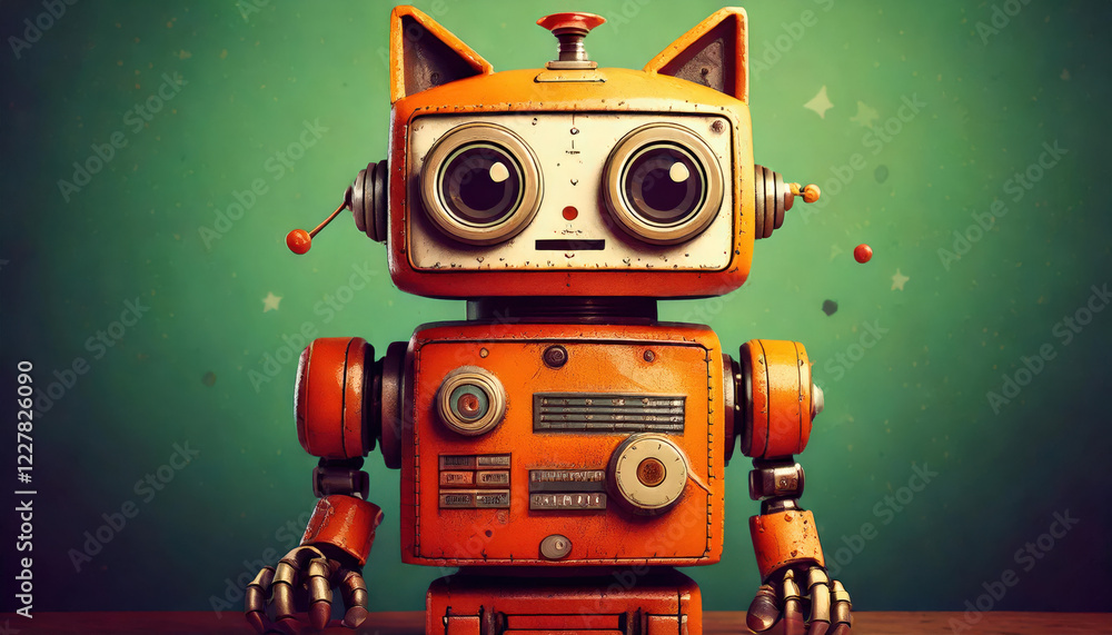 Fototapeta premium Retro robot adventure whimsical studio cartoon art playful environment front view vintage technology with cat on chest