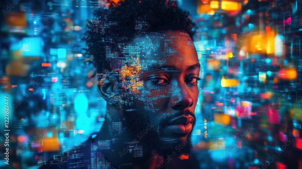 Man, digital data, city, night, futuristic, technology, concept, stock photo Man, digital data, city, night, futuristic, technology, concept, stock photo