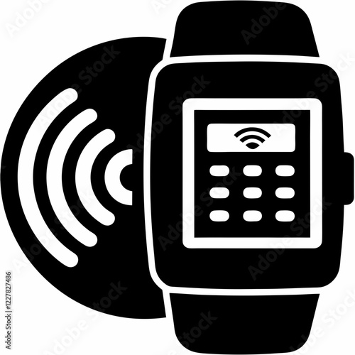 Black and white smartwatch showing contactless payment interface. Digital transaction concept. Concept of fintech, mobile payments, digital banking.