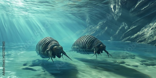 Serene Armored Trilobites Drifting in Clear Subaquatic Environment with Sun Rays photo