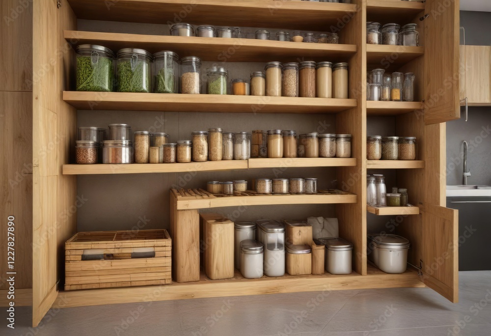 Simplistic kitchen pantry with sustainable bamboo storage containers, natural materials, eco-friendly, kitchen essentials, sustainable products, containers Simplistic kitchen pantry with sustainable bamboo storage containers, natural materials, eco-friendly, kitchen essentials, sustainable products, containers