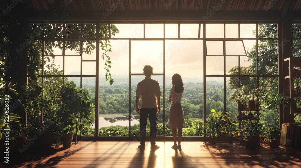 Fototapeta premium Couple silhouetted against a panoramic sunset view from a large window in a plant-filled room.