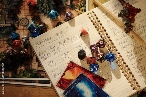 High angle of open copybook with notes, pencil, cards, group of dices and toy warriors prepared for board game photo