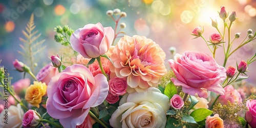 Delicate Pastel Roses & Summer Flowers Bouquet - Festive Floral Card Background