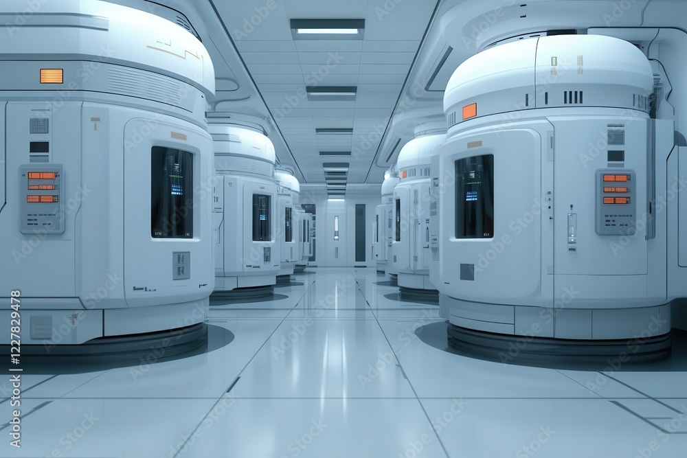 Nuclear reactors drive energy innovation. Futuristic corridor with advanced modular units in a sterile environment. Nuclear reactors drive energy innovation. Futuristic corridor with advanced modular units in a sterile environment.