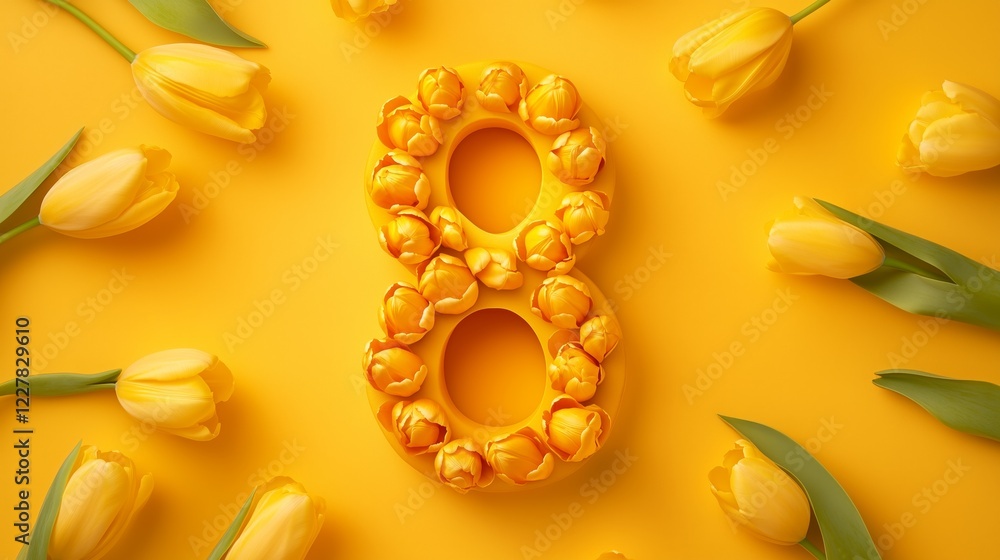 Vibrant yellow tulips arranged to form a striking number eight on a bright yellow background Vibrant yellow tulips arranged to form a striking number eight on a bright yellow background