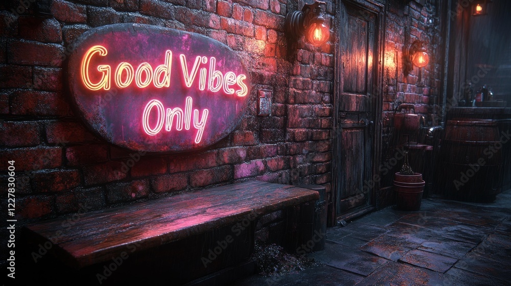 Naklejka premium Neon Sign Good Vibes Only in Rainy Urban Setting. Generative AI