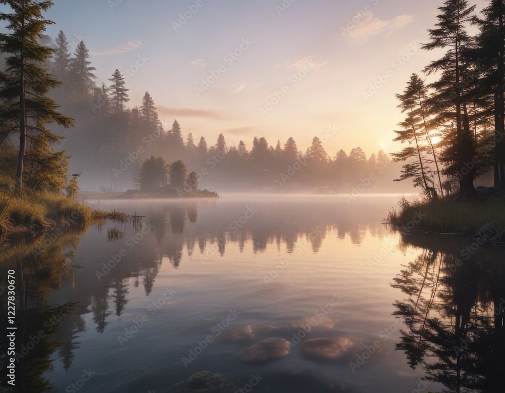 Fototapeta premium Softly glowing mist rises from a tranquil lake at dawn, nature, peaceful
