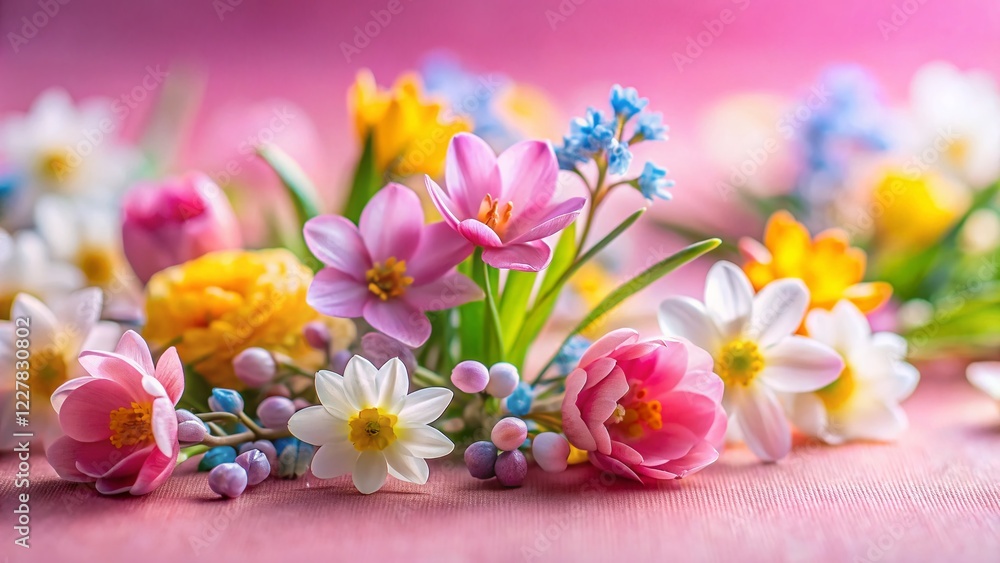 Delicate Spring Flowers on Pink Paper Background - Tilt-Shift Photography Delicate Spring Flowers on Pink Paper Background - Tilt-Shift Photography