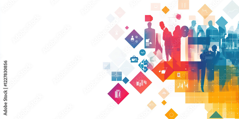 Wide Banner Background with Business Collage for Web Design and Marketing Agency. White Palette, Transparent Background, Stock Illustration Style。 Wide Banner Background with Business Collage for Web Design and Marketing Agency. White Palette, Transparent Background, Stock Illustration Style。