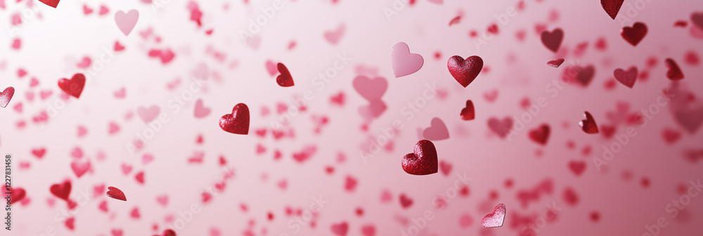 Valentines day card. Heart confetti falling over pink background for greeting cards, wedding invitation Valentines day card. Heart confetti falling over pink background for greeting cards, wedding invitation