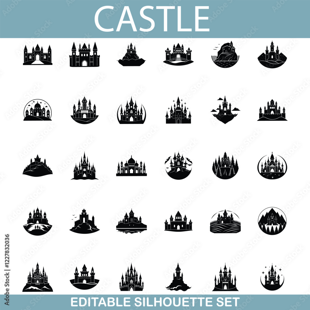 Obraz premium Editable Castle Silhouettes Diverse Designs, Iconic Structures, Vector Graphics