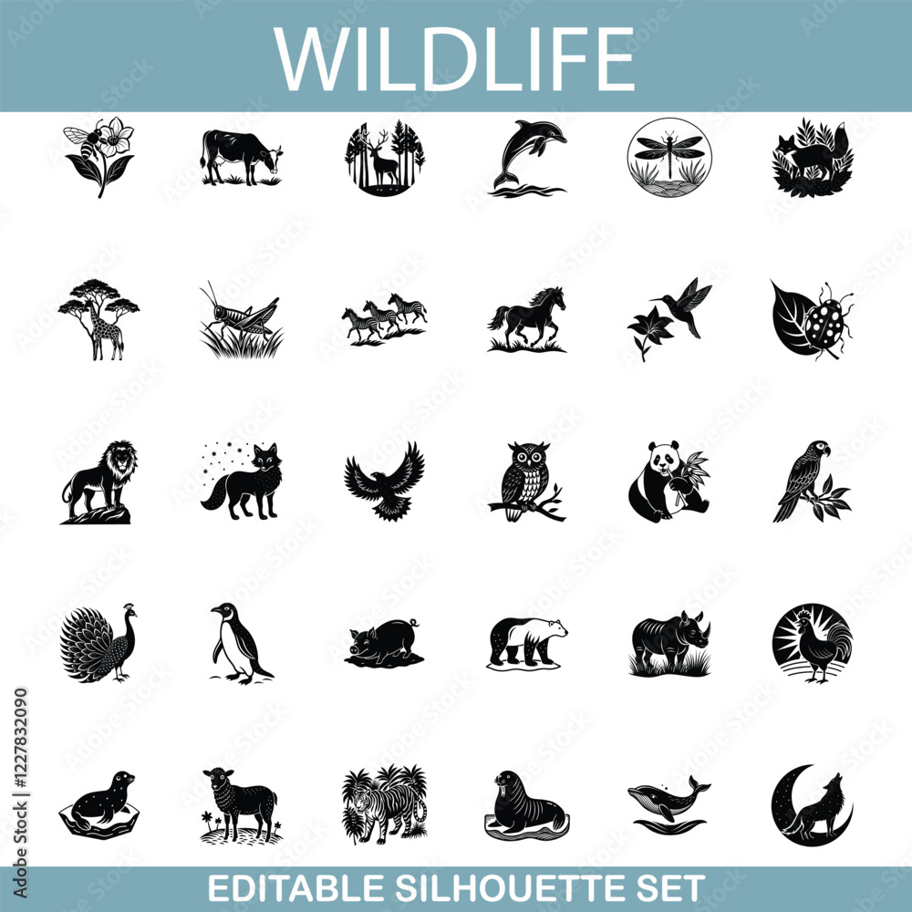 Fototapeta premium Editable Wildlife Silhouettes Animals, Birds, Nature, Icons Set