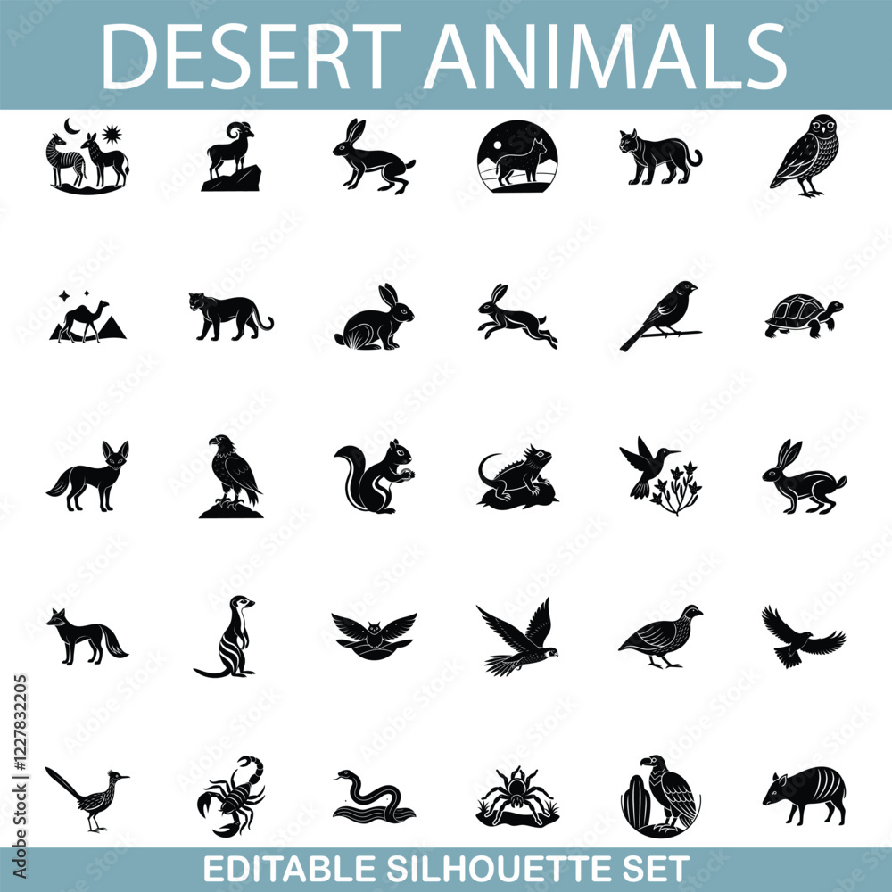 Naklejka premium Desert Animals Editable Silhouette Set of Wildlife Icons