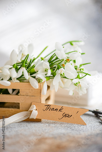 Fresh spring snowdrops in a wooden box with a thank you tag photo