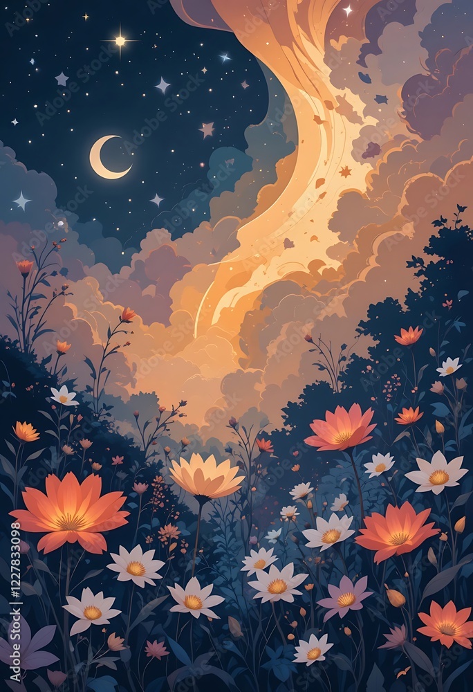 Celestial Sunset Blooms Above A Field Of Flowers Celestial Sunset Blooms Above A Field Of Flowers