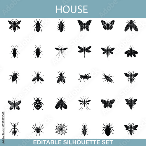 House Insects Editable Silhouette Set of Common Bugs