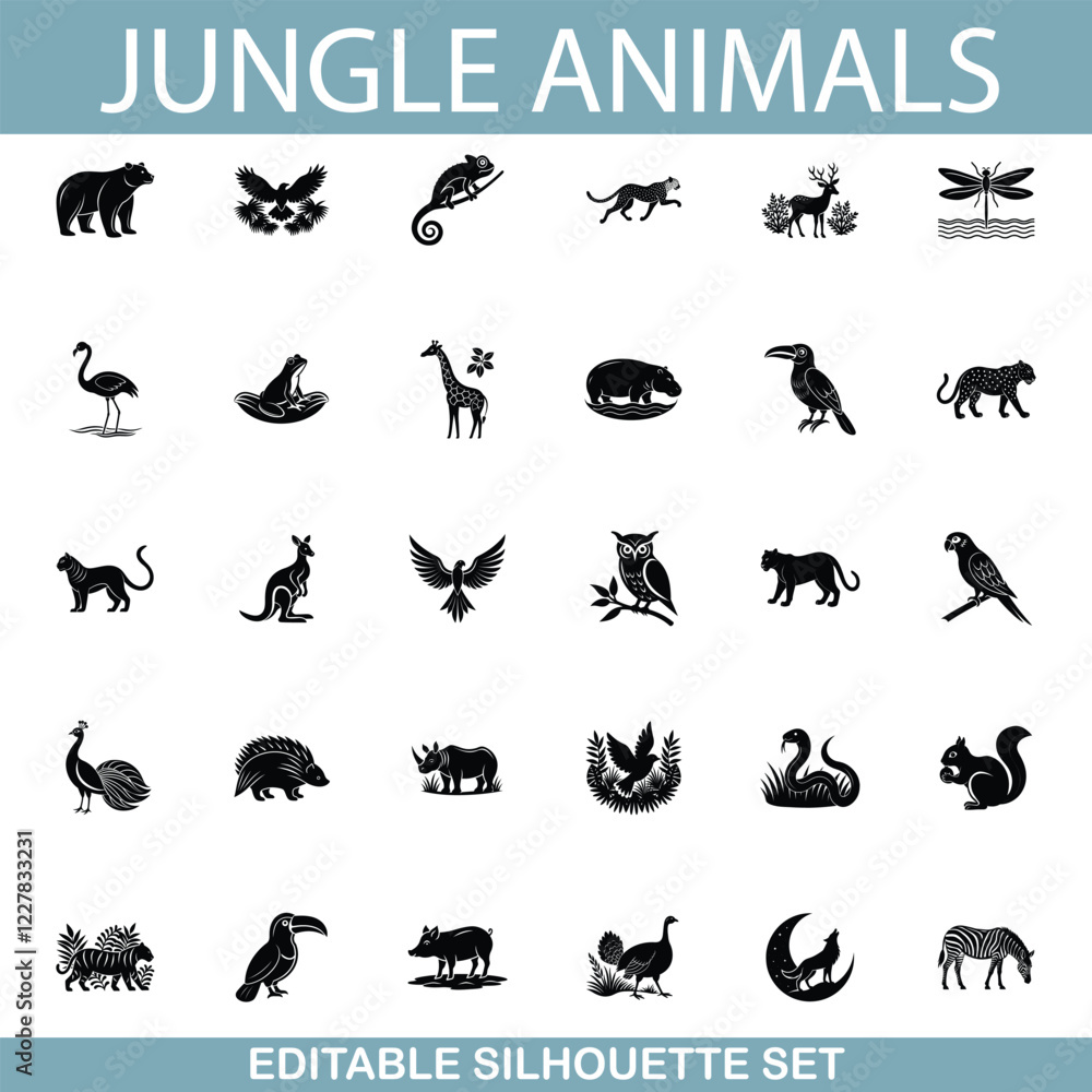 Fototapeta premium Jungle Animals Editable Silhouette Set of Wild Creatures