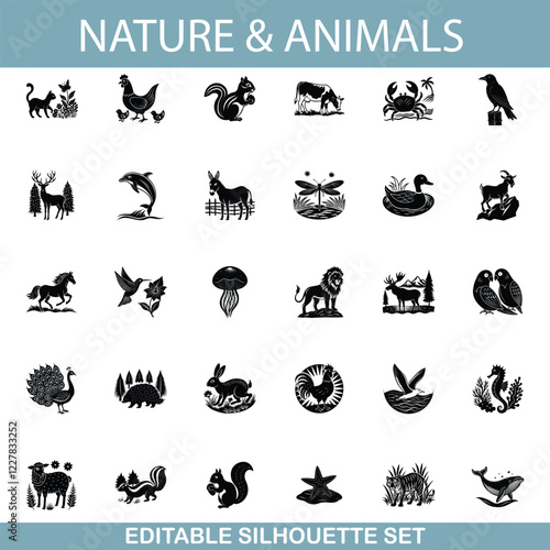 Editable Silhouette Set Nature, Animals, Farm, Wildlife Icons